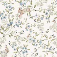 a white wallpaper with blue flowers and rabbits