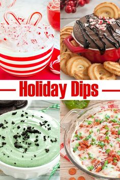 holiday dips collage with text overlaying the top and bottom pictures in red, white, and green