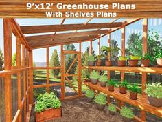 a greenhouse with shelves filled with plants and potted plants