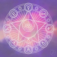 an image of a circle with zodiac signs and symbols around it on a purple background