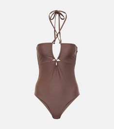 Ola halterneck swimsuit in brown - Faithfull | Mytheresa Nylon Halter Neck Swimwear, Halter Neck Polyamide Swimwear For Vacation, Halter Neck Swimwear With Adjustable Straps For Beach Party, Nylon Halter Neck Swimwear For Vacation, Halter Neck Tankini For Sunbathing With Lined Body, Brown Beachwear Swimwear With Adjustable Straps, Polyamide Halter Neck Swimwear For Beach, Nylon Halter Neck Tankini For Poolside, Nylon Halter Neck Tankini For Vacation