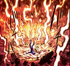 an image of a person in the middle of a fire and lightning scene with text that reads