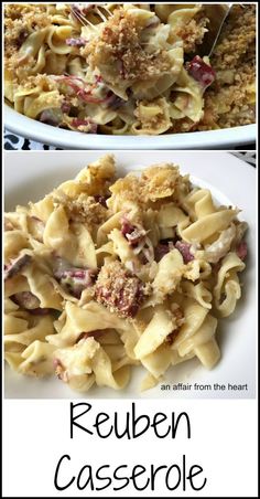 two plates filled with food and the words reuben casserole written below it in black