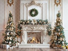 a fireplace decorated with christmas trees and presents