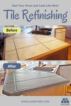 before and after shot of a tile refinishing project in the kitchen with text overlay that reads, seal your grout and look like new