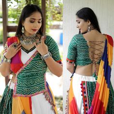 "✦We provide high quality Indian Ethnic wear for women. We house a wide range of collections of dresses, which include the designer lehenga choli ,bridesmaid lehenga choli,festival lehenga choli,latest gowns, party wear Lehenga Choli,indian wedding lehengas,ready made lehenga,sabiyasachi lehengas,bollywood designer outfits and many more. Navaratri Lehenga (Full stitched) Lehenga:- (Full stitched) Fabric :- Heavy Cotton Inner :- Crape Colour :- Off-White Length :- 42\" Size :- 42\" Work :- Heavy Kediya Style Blouse For Chaniya Choli, Navaratri Lehenga, Garba Lehenga, Choli Navratri, Garba Chaniya Choli, Navratri Outfits, Latest Gowns, Lehenga Choli Latest, Garba Outfit