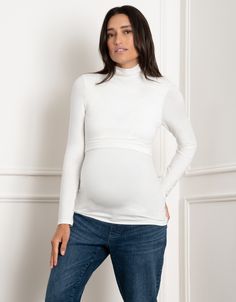 maternity, nursing, maternity top, nursing top, jersey, lift up nursing, crossover nursing, funnel neck, long sleeve, layering, long, mix and match, coverage, ivory, eragon Stretch Long Sleeve Maternity Tops, Fitted Long Sleeve Maternity Tops, Snug Long Sleeve White Top, White Snug Long Sleeve Tops, Long Sleeve Fall Maternity Tops, Fitted Maternity Tops, Fitted Nursing-friendly Maternity Tops, Fitted Nursing Friendly Tops For Maternity, Fitted Maternity Tops For Nursing