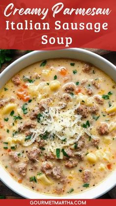 creamy parmesan italian sausage soup in a white bowl on a wooden table with text overlay