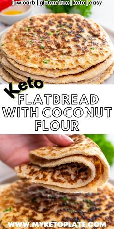 the recipe for flatbread with coconut flour is shown in three different pictures, including one being