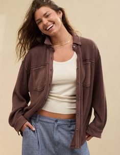 Aerie Anytime Fave Waffle Shirt Aerie Clothing, Cute Teacher Outfits, Oversized Tops, Waffle Sweater, Waffle Shirt, Inspo Board, Button Up Long Sleeve, Cool Stuff, Christmas Wishlist