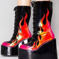 Bring The Heat With The Dune Lace Up Flame Platform Boots From Yru. These Hotter Than Hell Festival Boots Feature Black Vegan Patent Leather Upper With Holographic Red Flame Printed Details, Lace Up Front, And Zipper Closure Up The Back. #Hotterthanu "Dune Lace Up Flame Platform Boots 2 3/4” Platform, 6” Heel Vegan Patent Leather Thick Woven Laces Eva Platform W/ Patent Wrap Back Zipper Closure Black/Red" Black Platform Boots For Festival, Red Platform Boots For Streetwear, Bold Black Platform Boots With Round Toe, Bold Black Round Toe Platform Boots, Bold Black Boots For Spring, Red Platform Boots, It's My Fault, Holographic Boots, Pink Platform Boots