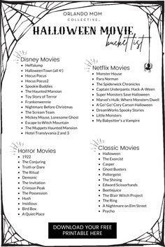 the halloween movie list is shown in black and white