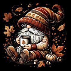 a painting of a gnome holding a cup of coffee in his hands with autumn leaves around him