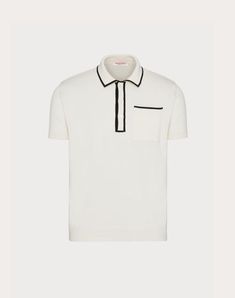 Valentino cotton polo shirt with VLogo Signature embroidery - Regular fit - 12-gauge knit - VLogo Signature embroidery on left breast pocket as worn - Composition: 100% Cotton - Length: 65 cm / 25.6 in. from the back of the neck in a size M - The model is 187 cm / 6'1" tall and wears a size M - Made in Italy Designer White Tops With Ribbed Collar, Classic Cream Polo Shirt With Collared Neckline, Cream Cotton Polo Shirt With Ribbed Collar, Classic White Short Sleeve Polo Sweater, Classic Cream Short Sleeve Polo Sweater, White Polo Shirt With Pockets, White Cotton Polo Sweater For Work, White Short Sleeve Polo Sweater For Work, White Cotton Polo Shirt With Pockets