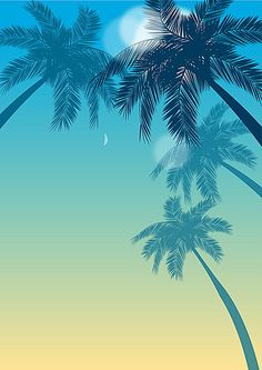 palm trees against a blue sky with the moon in the distance and half moon on the horizon