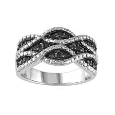 Featuring a woven design with black diamonds and tiny studs, this sterling silver ring makes a dazzling impression.Ring Details: Width: .41 in. Metal: black & white rhodium-plated sterling silver Diamond Details: Total weight: .22 ct. Cut: round Color: black Setting: pave Image(s) may be enlarged to show detail. Diamond weights are approximate. Diamond total weights may vary between .01 and .08 ct. Some diamonds have fewer than 17 facets. Gemstones may have been treated to enhance their appe Woven Ring, Diamond Weave, Right Hand Rings, Tiny Studs, Black Diamonds, Filigree Ring, Woven Design, I Love Jewelry, Pretty Rings