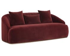 a red couch with four pillows on it's back and one arm folded down