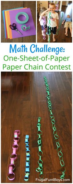 a collage of photos with the words, math challenge one sheet - of - paper paper chain contest