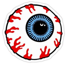 an eyeball with red and blue paint splattered around it's center