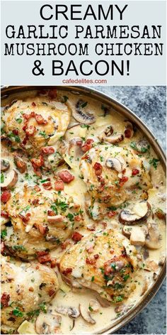 a pan filled with chicken and mushrooms covered in white sauce, garnished with parsley