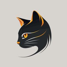 a black cat's head with orange eyes