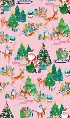 a pink christmas wallpaper with santa and reindeers