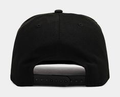 the back of a black hat with white stitching on the front and side panel