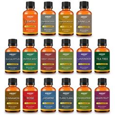 twelve bottles of tea tree essentials in various colors and sizes, all with labels on them