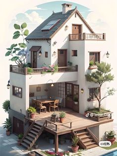 an image of a house with plants on the balcony and stairs leading up to it