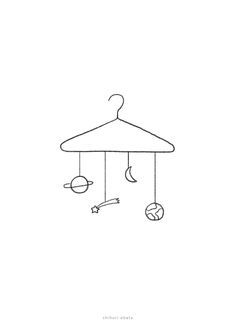 a black and white line drawing of a hanger with baby toys hanging from it