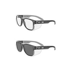 two pairs of sunglasses with black frames and clear lenses on the sides, one in grey