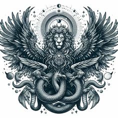 an image of a lion with wings and snakes on it's body, surrounded by stars