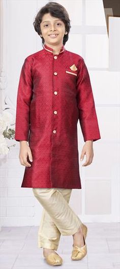 Red and Maroon color Boys Indo-Western in Jacquard fabric with Thread, Weaving work Red Ceremonial Traditional Wear With Long Sleeves, Red Long Sleeve Traditional Wear With Traditional Patterns, Red Embroidered Brocade Set, Embroidered Red Brocade Set, Red Brocade Traditional Wear For Eid, Red Fabric With Zari Work For Festivals, Red Brocade Sets With Zari Work, Red Brocade Sets With Traditional Drape, Red Wedding Fabric With Zari Work