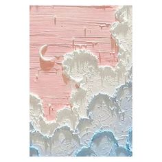 an abstract painting with clouds and the moon in pink, white and blue hues