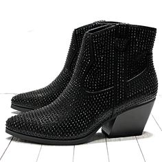 Spruce Up Your Outfit With These Sparkly Cowgirl Ankle Boots New In Box Man Made Materials Black Rhinestone Encrusted Uppers Pointed Toe Side Zipper For Easy Shoe Removal Lightly Padded Insole Heel Height: Approx 2.5 In. Fitting: True To Size. Regular Fit. Fall Ankle Boots With Rhinestones, Black Party Boots With Rhinestone Rivets, Fall Rhinestone Ankle Boots, Black Rhinestone Boots With Round Toe, Black Rhinestone Round Toe Boots, Black Boots With Rhinestone Rivets For Winter, Black Winter Boots With Rhinestone Rivets, Rhinestone Ankle Boots For Night Out, Black Boots With Rhinestone Rivets For Night Out