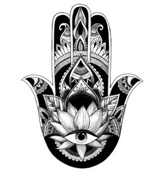 a hamsa with an intricate design on the front and side, in black and white