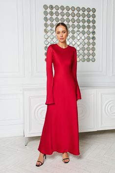 Fabric: Satin Viscose 35%, Polyester 35%, Cotton 20% Nylon 10% Long sleeve Backless Maxi length Long Sleeve Formal Dress, Satin Long Sleeve Dress, Backless Party Dress, Red Dress Sleeves, Long Sleeve Dress Formal, Satin Long Sleeve, Maxi Dress Sale, Cocktail Attire, Business Formal