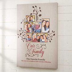 a family photo hanging on a wall with the words our family in four photos and leaves