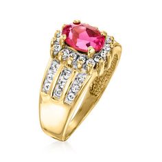 Ross-Simons - C. 1980 Vintage 1.70ct Pink Tourmaline, .75ct t. w. Diamond Ring Oval Cut Size 7. C. 1980. Garnishing your ensemble with a pop of fresh color makes it truly memorable. This glamorous Estate collection ring features a rosy 1.70 carat oval pink tourmaline highlighted by .75 ct. t. w. round brilliant-cut diamonds in white rhodium, which comprise the shimmery halo and three-row design striping the wide, tapered band. 7/16" wide. Diamond and pink tourmaline ring. Exclusive, one-of-a-kin Big Diamond Engagement Rings, Diamond Ring Oval, Pink Tourmaline Ring, Fresh Color, Big Diamond, Tourmaline Ring, Ring Oval, Round Brilliant Cut Diamond, Pink Tourmaline