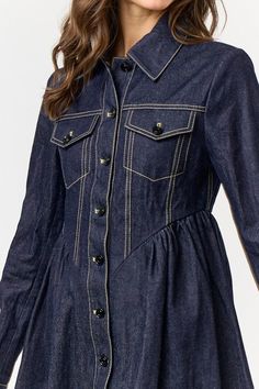 Button Down Denim Dress Contrast Stitching 90% Cotton, 10% Polyester Dark Wash Long Sleeve Dress With Buttons, Fitted Denim Blue Shirt Dress With Buttons, Spring Denim Dress With Buttoned Pockets For Work, Denim Mini Dress With Buttons For Workwear, Spring Denim Dress With Snap Buttons For Work, Spring Workwear Denim Dress With Buttons, Spring Denim Blue Dress With Buttoned Pockets, Dark Wash Buttoned Dress For Fall, Spring Denim Dress With Buttons For Work