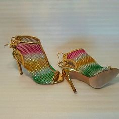 Liliana Gardena Gold Sheer Mesh Multi Colored Rhinestone Peep Toe Ankle Boot. New In Original Box. Never Worn Heel Measures 4.5 Inches Tall. Ties In The Back Of Shoes. These Shoes Are Sharp. Size 6. Multi Colored Heels, Black Pointed Toe Heels, Black Lace Up Heels, Feather Heels, Colored Heels, Peep Toe Ankle Boots, Purple Heels, White High Heels, Crystal Heels