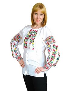 Ukrainian Embroidered Blouse (Vyshyvanka) Embroidered Ukrainian Blouse for women (vyshyvanka) with traditional embroidery on chest and sleeves. Material of blouse is homespun fabric (100% cotton).  Available sizes are XS - XXXL or any custom size by measurements of client. Please find below our size chart: Size US size EU size  Ukr. Size              Inches              Centimetres Bust Waist Hips Bust Waist Hips XS 2 34 40 31,5 24,0 34,5 80 61 88 S1 4 36 42 33,0 25,5 36,0 84 65 92 S2 6 38 44 34 Traditional White Peasant Top For Fall, Traditional Fit Cotton Tops For Spring, Spring Cotton Tops With Traditional Fit, Traditional Fit Embroidered Shirt For Spring, Spring Embroidered Traditional Fit Shirt, Traditional White Blouse For Fall, Traditional White Embroidered Top For Fall, Ukrainian Blouse, Shirt For Ladies