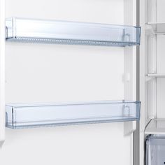 an open refrigerator door with shelves on both sides