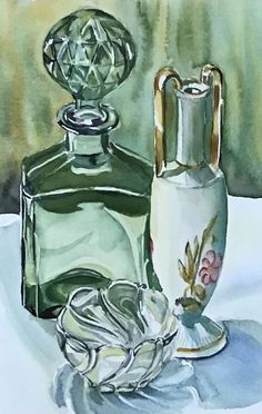 a watercolor painting of an empty bottle next to a glass vase with a flower on it