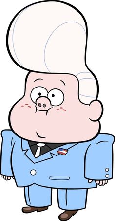 a cartoon man with a chef hat on his head and arms crossed, wearing a blue suit