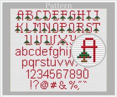 a cross stitch pattern with the letters and numbers in red, white and green colors