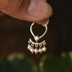 Throughout the centuries, pearls have been associated with wealth, femininity, purity, wisdom, patience and peace. Due to their appearance, they have often been compared to the moon, and are said to have a calming, protective and strengthening effect on the wearer. This unique septum clicker is crafted in solid 14k or 18k gold, with dangling pearls. It is a unique addition to our collection and will be for your setup too. This hinged clicker would make a lovely helix earring too. VERTICAL INNER 14k Gold Wedding Nose Rings, Single Akoya Pearl Earring For Wedding, Akoya Pearl Single Earring For Wedding, Elegant Hoop Nose Rings Gift, Elegant Small Hoop 14k Gold Nose Ring, Small Hoop Pearl Chain Wedding Jewelry, Elegant 14k Gold Small Hoop Nose Rings, Elegant 14k Gold Nose Ring, Elegant Rose Gold Septum Ring For Wedding