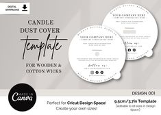 two white circles with the words candle dust cover template for cricut design space