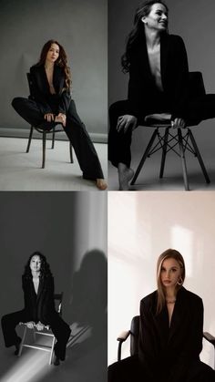 four photos of women in black outfits sitting on chairs and posing for the same photo