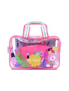 Nylon, Denim and Clear PVC material Double carry handles Zipper closure Large Bag - 12 1/4" W x 8 1/4" H x 3 3/4" D Travel Bag - 10 1/2" w x 7 1/2" h Small Cosmetic Bag - 7 3/4" w x 5" h x 3" d Pink Handheld Satchel For School, Zipper Pouch Bag For Back To School, Trendy Zipper Pouch Bag For Back To School, Trendy Back-to-school Zipper Pouch Bag, Multicolor Zipper Pouch Bag For Back To School, Rectangular Zipper Pouch Bag For Back To School, Trendy Travel Satchel Cosmetic Bag, Pink Top Handle School Bag, Pink Shopping Bag With Zipper Pouch